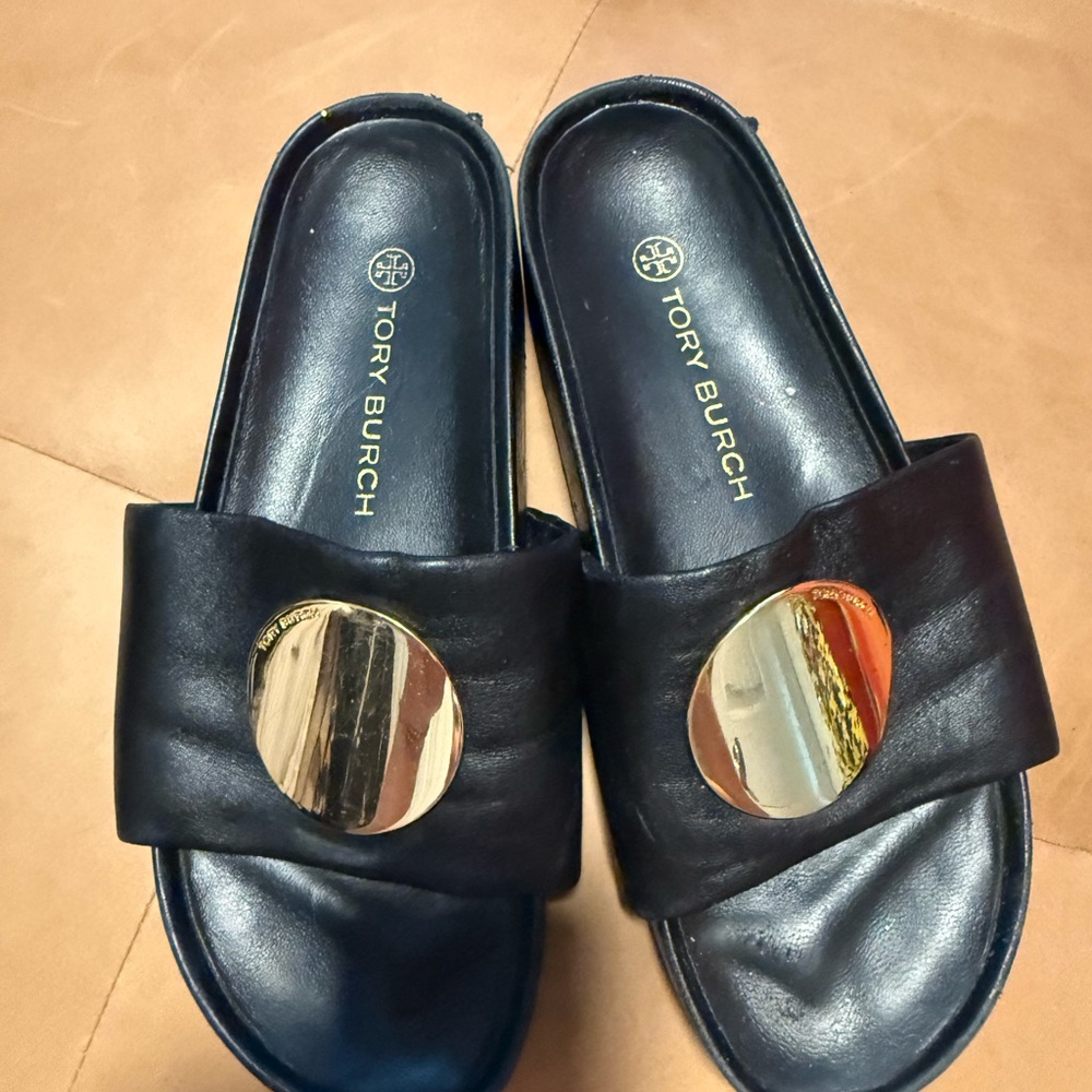 Tory Burch Black Slides with Gold Detail